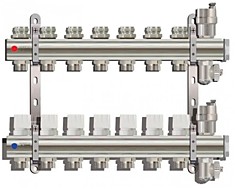 Коллекторная группа (латунь) без расходомеров с ВО и дренажными кранами 7 вых. Ø1" TIM