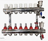 Коллекторная группа (латунь) с расходомерами c ВО и дренажными кранами 7 вых. Ø1" TIM/VIEIR